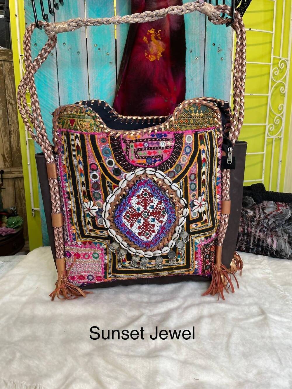 NEW KANTHA BAE women's upcycled embroidered market braided tote bag in sunset je